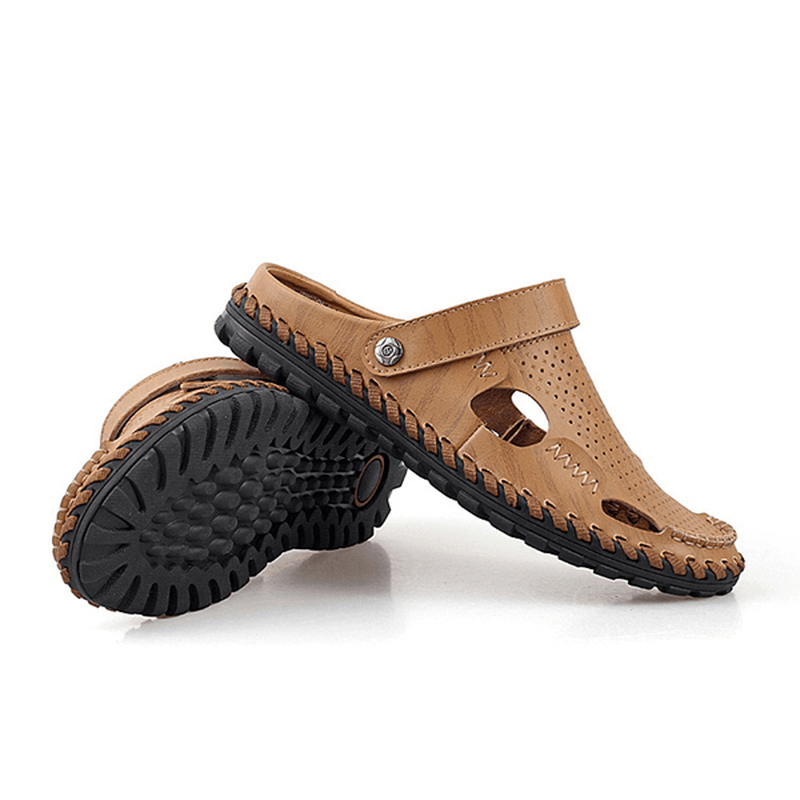 Men Summer Leather Sandal Casual round Toe Outdoor Flat Fashion Soft Beach Slipper