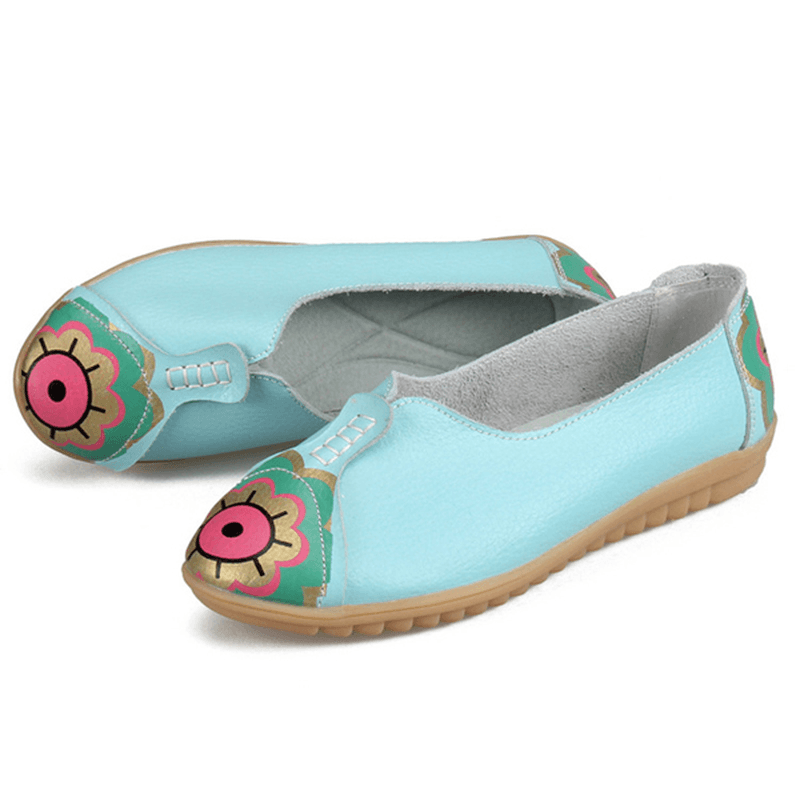 Sun Eye Flower Pattern Soft Leather Slip-Ons Lazy Driving Flat Loafers