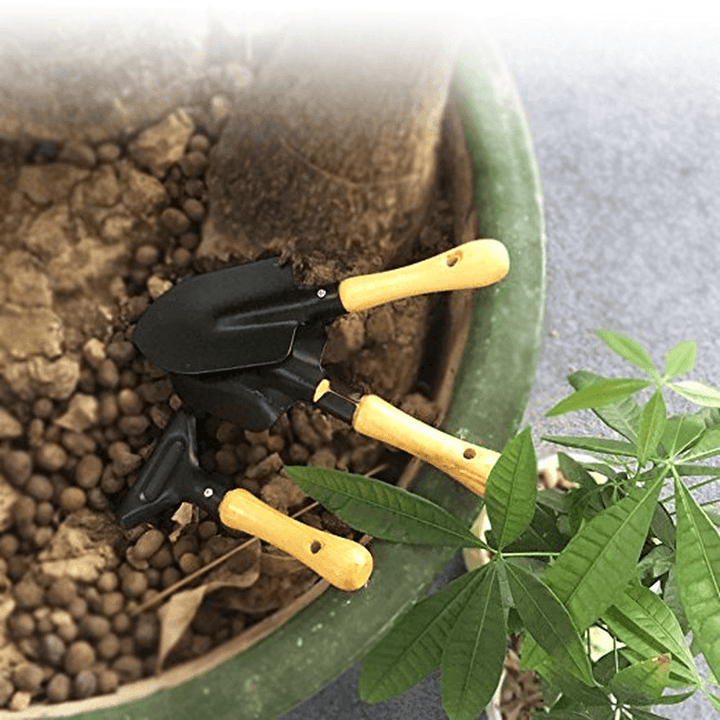 3Pcs Mini Hand Garden Tool Set Plant Gardening Shovel Spade Rake Trowel Wood Handle Metal Head