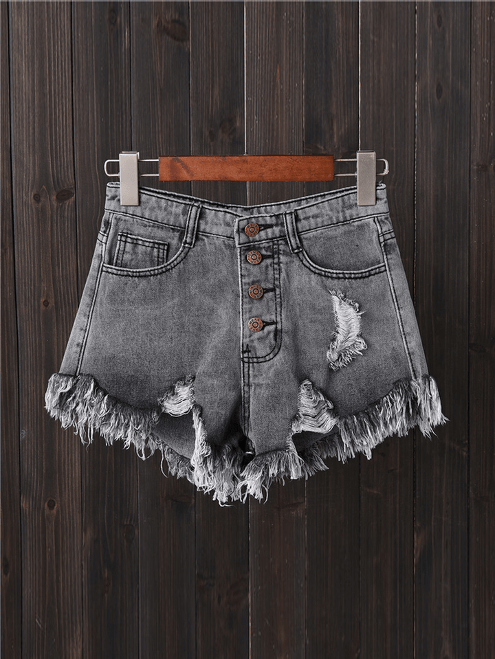 Women Button up Pocket Loose Hollow Ripped Denim Shorts