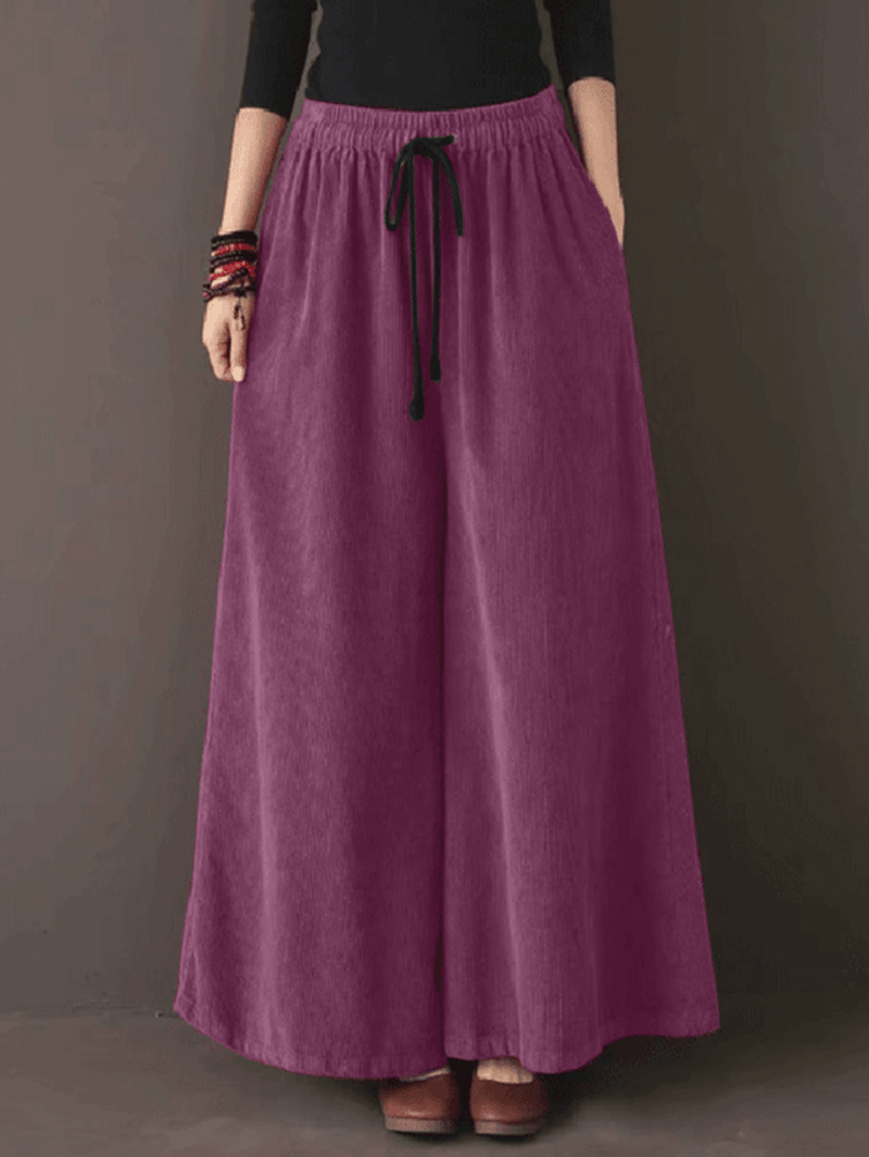 Women Retro Corduroy Solid Casual Drawstring Elastic Waist Wide Leg Pants with Pocket