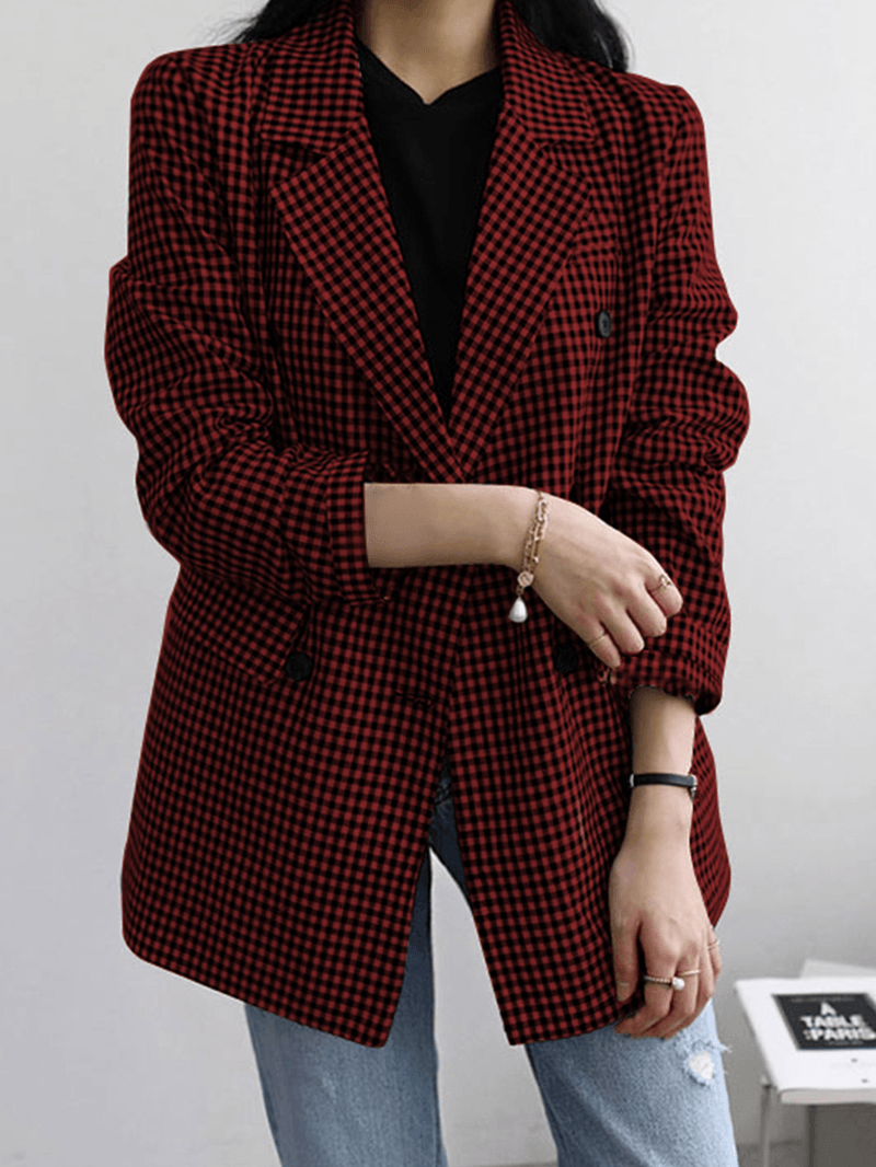 Women Plaid Casual Full Sleeve Knee Length Retro Business Unlined Suits - MRSLM