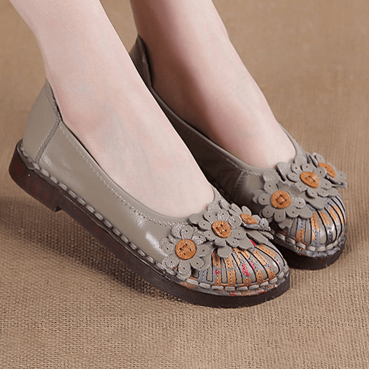 Women Retro Flowers Decor Handmade Stitching Non Slp Soft Sole Loafers