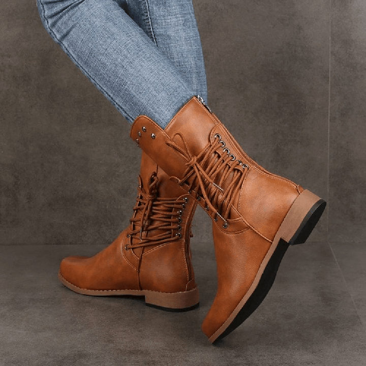 Plus Size Women Retro Rivet Cross Strap Back Zipper Mid Calf Boots