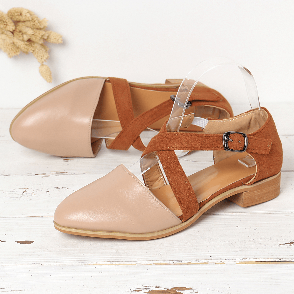 Women Cross Belt Buckle Pointed Toe Flats