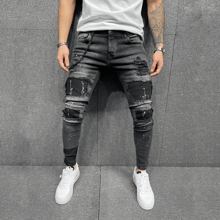 Men'S New Patch Ripped Elastic Skinny Jeans