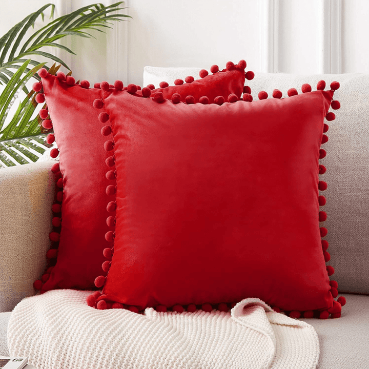 45*45Cm Soft Velvet Pillow Covers Cute Pom Poms Throw Pillow Covers Square Cushion Case for Sofa Couch Home Decor - MRSLM