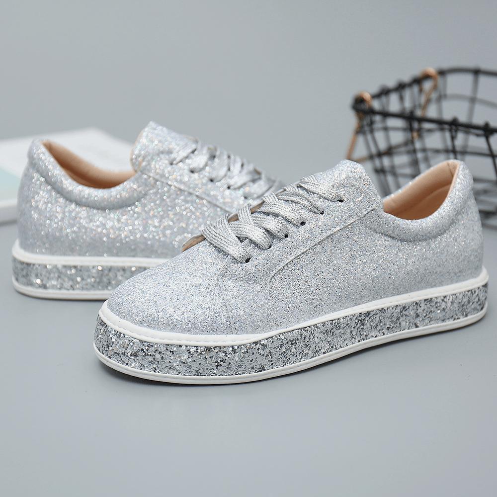 Women Glitter Sequined Fashion Lace up Party Casual Platform Shoes Flats