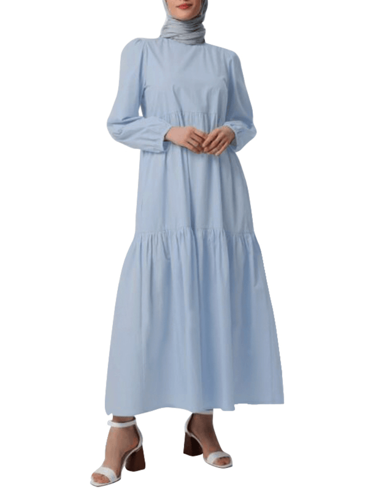 Women Solid Crew Neck Layered Back Buttons Abaya Kaftan Dress