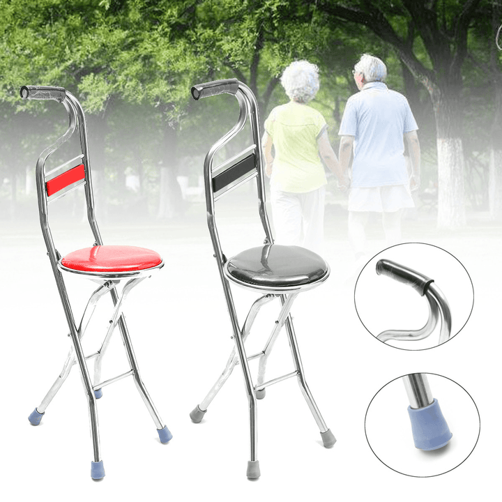 Stainless Steel Portable Folding Walking Stick Chair Seat Stool Travel Cane