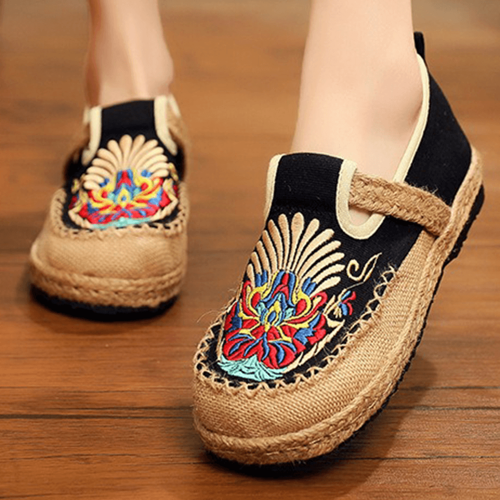 Women Linen Comfy Embroidery Straw Slip on Flat Loafers