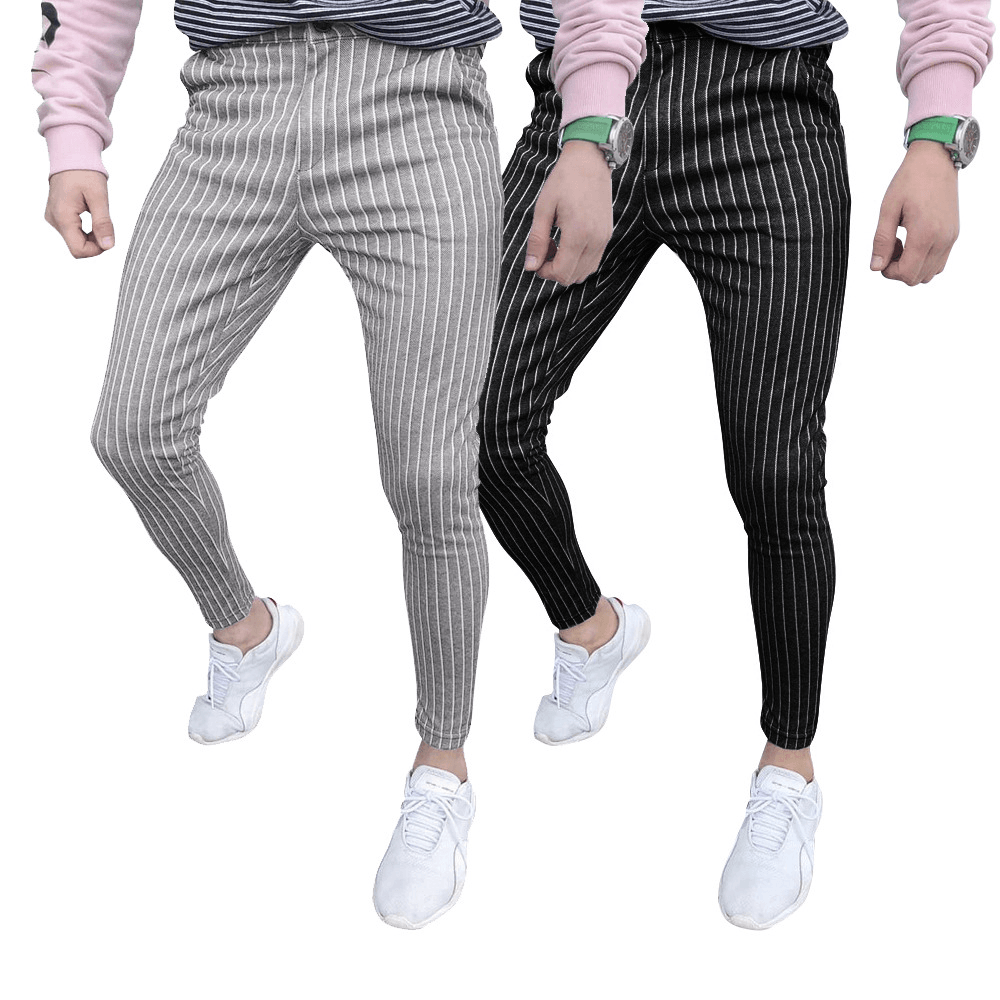 New European Style Striped Stitching Button-Style Slim-Fit Men'S Casual Pants