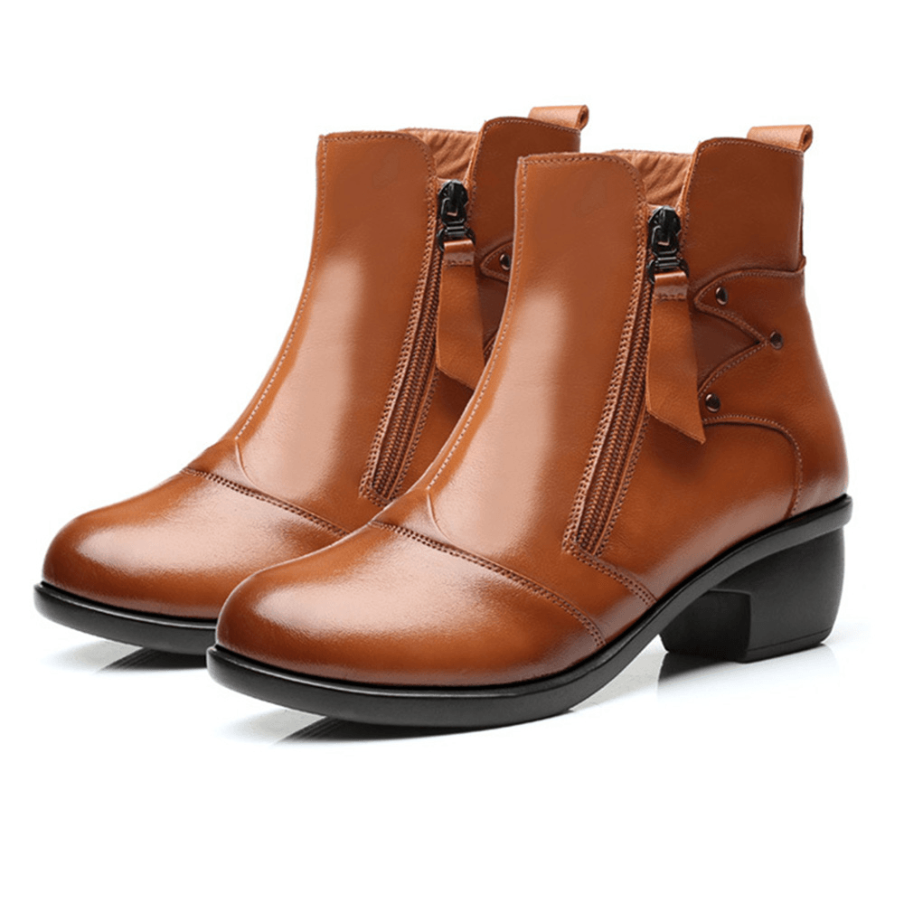 Zipper round Toe Leather Ankle Short Boots