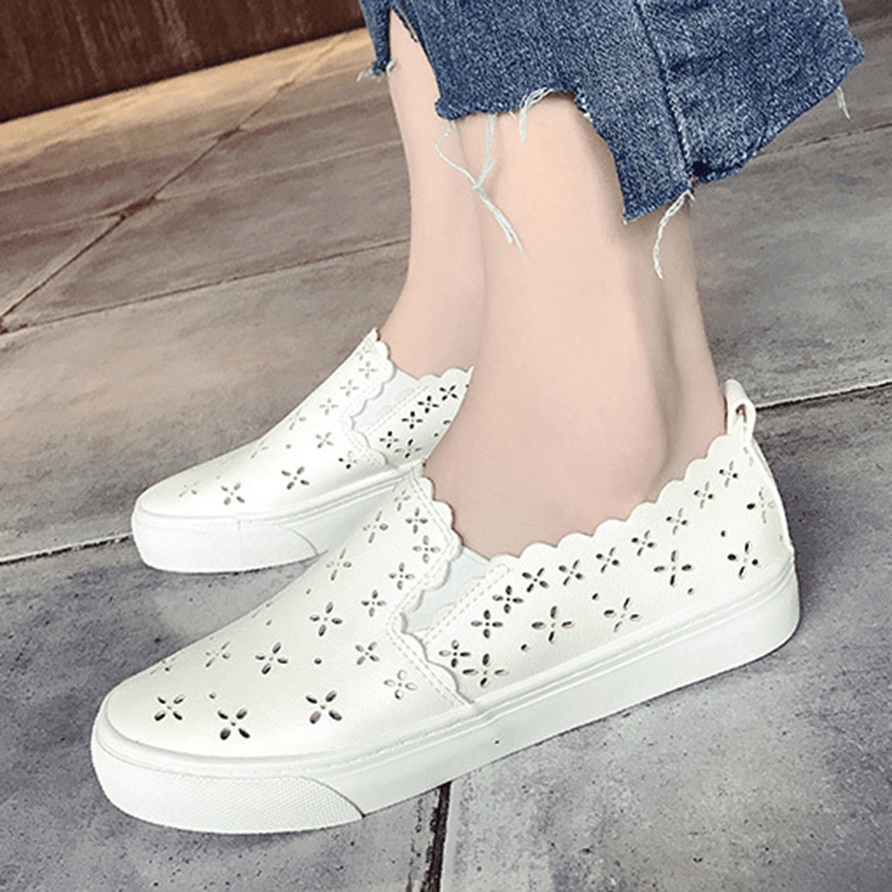 Women Flowers Hollow Comfy Breathable White Flats for Student