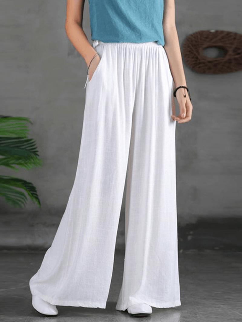 Women Casual Solid Color Side Drawstring Loose Wide Leg Pants with Pockets