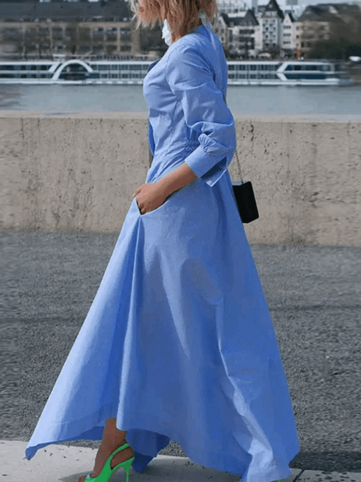 Solid Color V-Neck Back Zipper Long Sleeve Pleating Maxi Shirt Dress