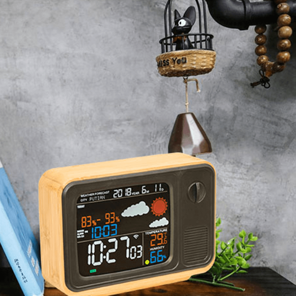 Digital USB Wifi Weather Forecast Station Desk Bamboo Alarm Clock Temperature Humidity APP Control