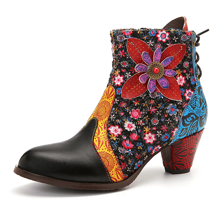 Women Retro Leaf Flower Leather Comfy Zipper Ankle Boots - MRSLM