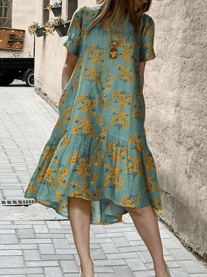 Women Flower Print High Low Hem Casual Short Sleeve Midi Dresses with Pocket - MRSLM