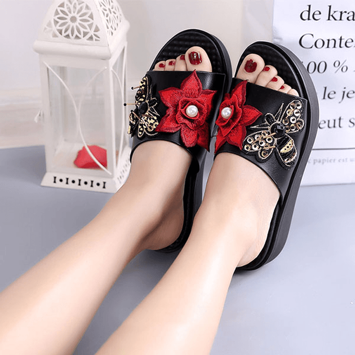 Women Summer Sandals Slip on Soft Sole Flower Embroidery Slippers