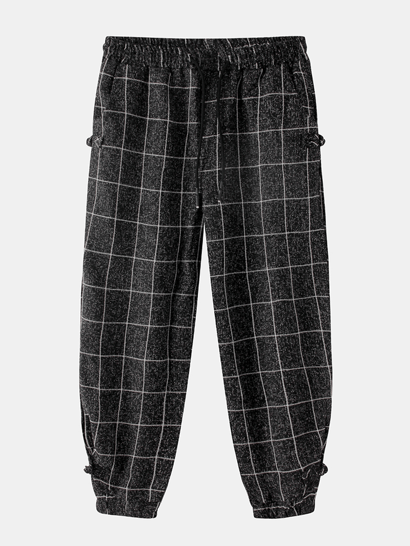 Mens Plaid Print Buckle Casual Elastic Waist Drawstring Beam Feet Pants