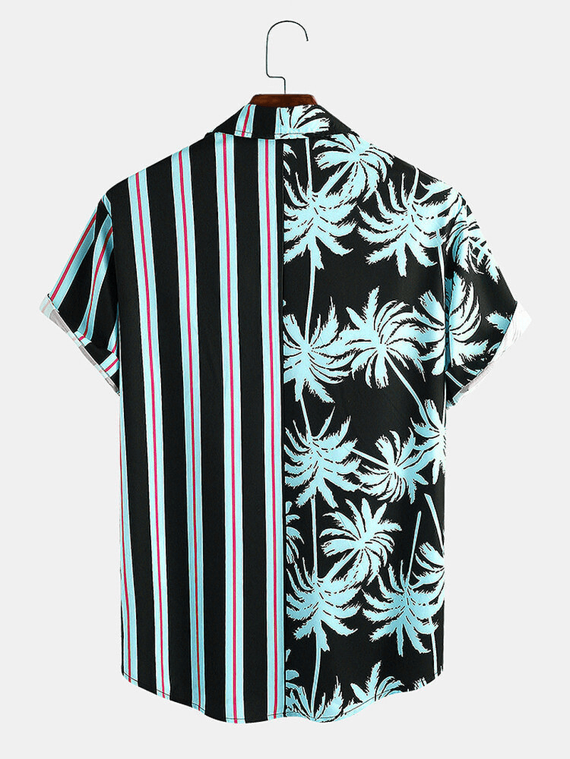 Men Clothing 2021 Summer New Men'S Coconut Print Striped Stitching Casual Holiday Shirt Short-Sleeved Camisas Para Hombre