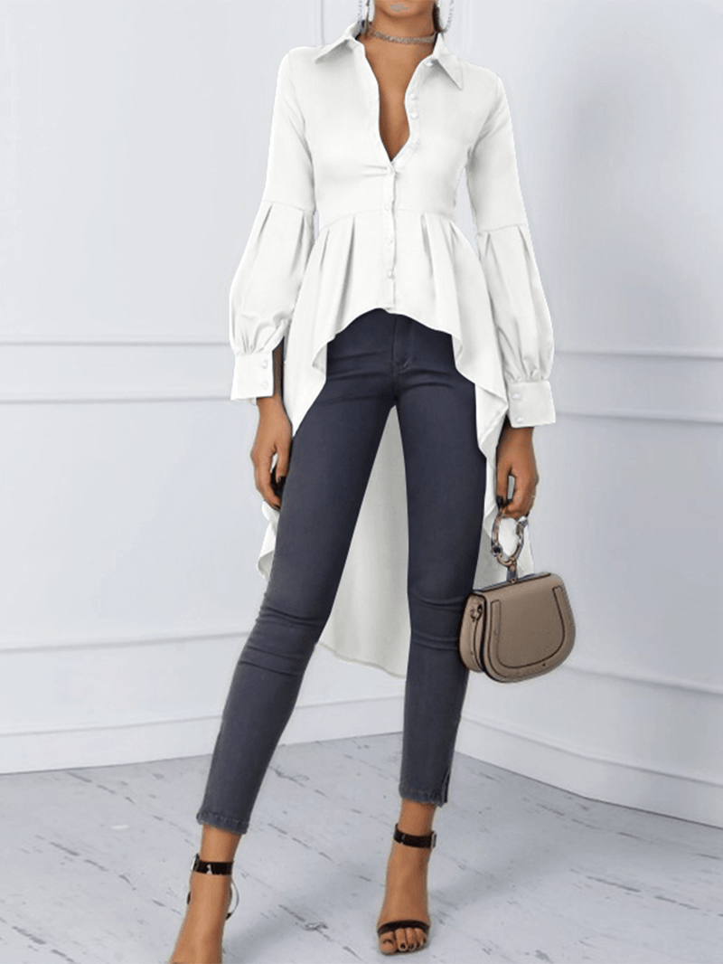 Solid Color Puff Sleeve Button Shirts High Low Hem Blouse for Women