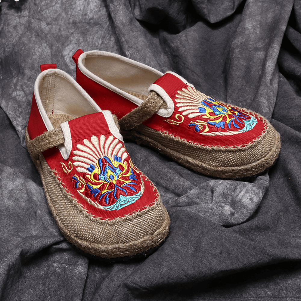 Women Linen Comfy Embroidery Straw Slip on Flat Loafers