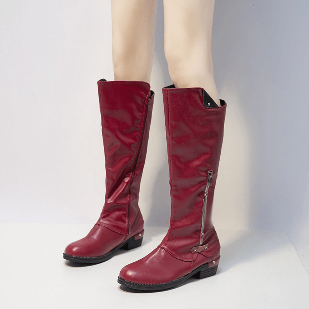 Plus Size Women round Toe Side Zipper Low Heel Knee Boots