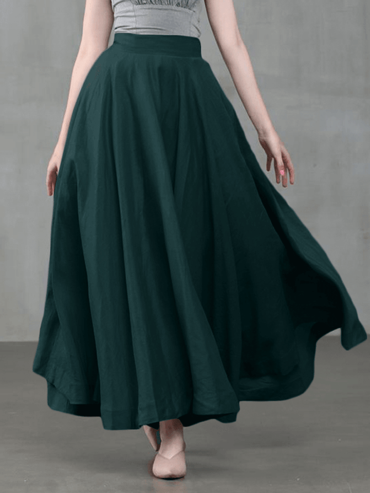 Women Solid Color Back Zip Pleated Casual Swing Skirts with Pocket - MRSLM