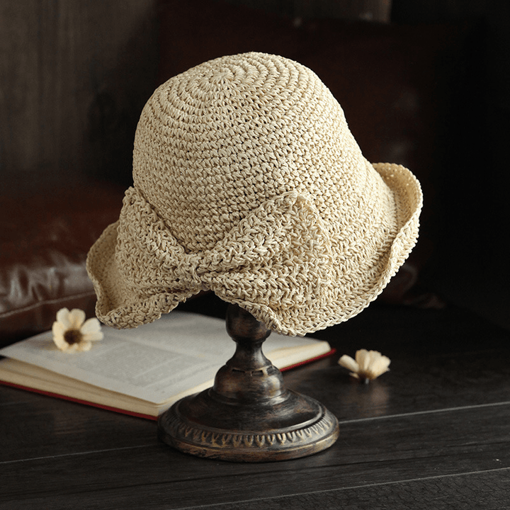 Female Foldable Bowknot Decoration Casual Breathable Small Brim Sunscreen Sun Hat Straw Hat Bucket Hat