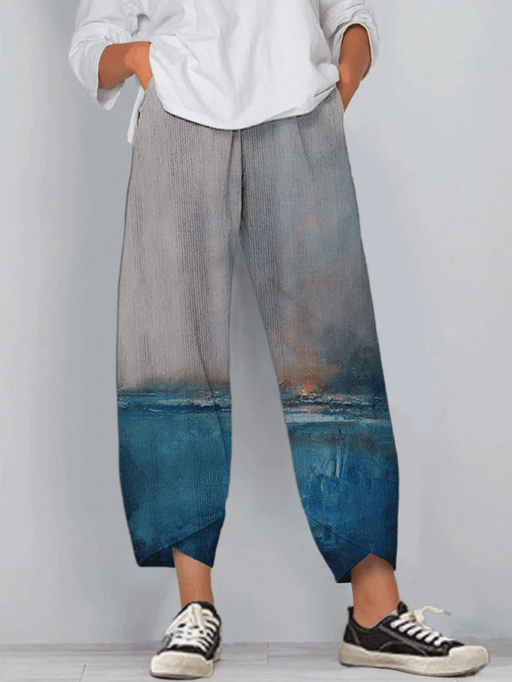 Women Landscape Print Corduroy Splited Elastci Waist Casual Harem Pants