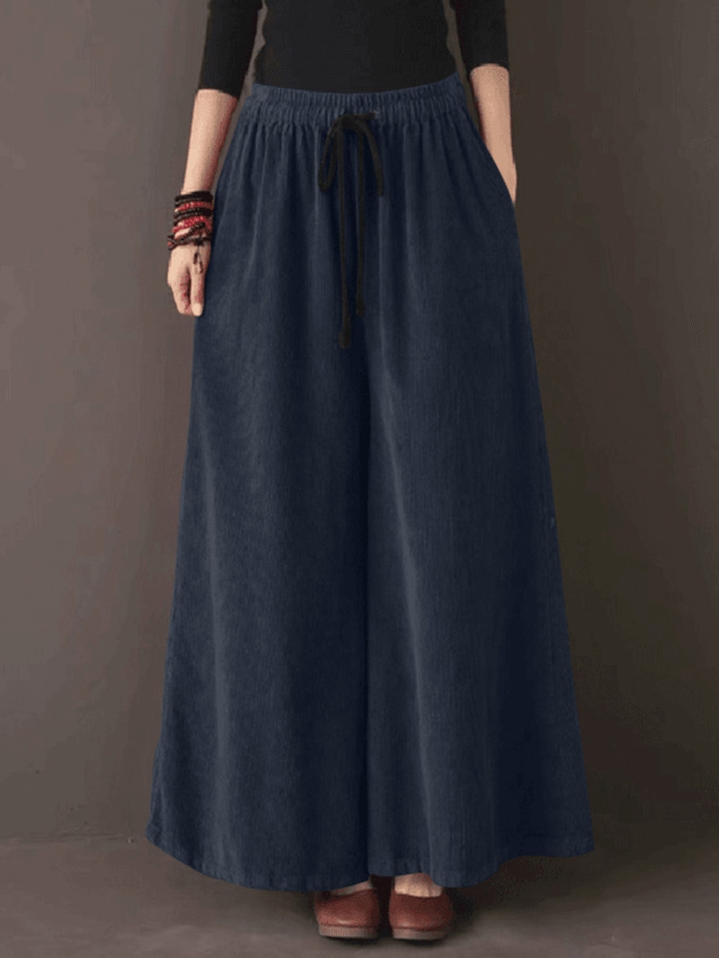 Women Retro Corduroy Solid Casual Drawstring Elastic Waist Wide Leg Pants with Pocket - MRSLM