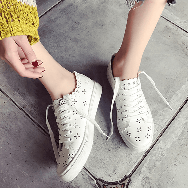 Women Flowers Hollow Comfy Breathable White Flats for Student