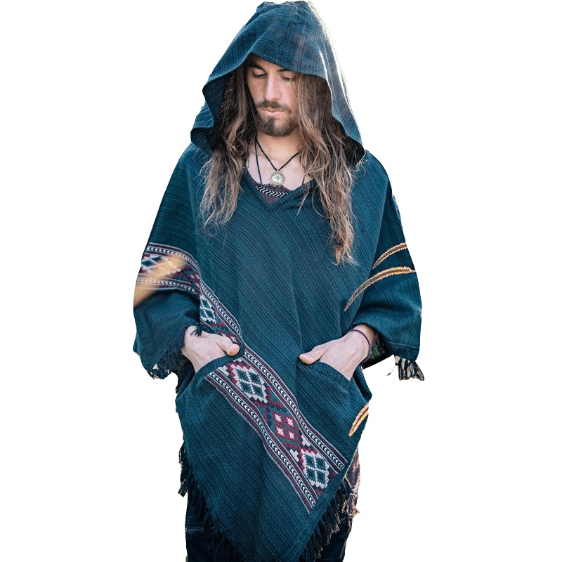 Hooded Cloak Shawl Ethnic Style Hedging Fringed Big Shawl Male