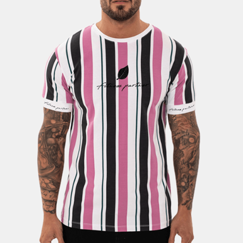 Men Vertical Stripe Short Sleeve Hawaiian T-Shirts