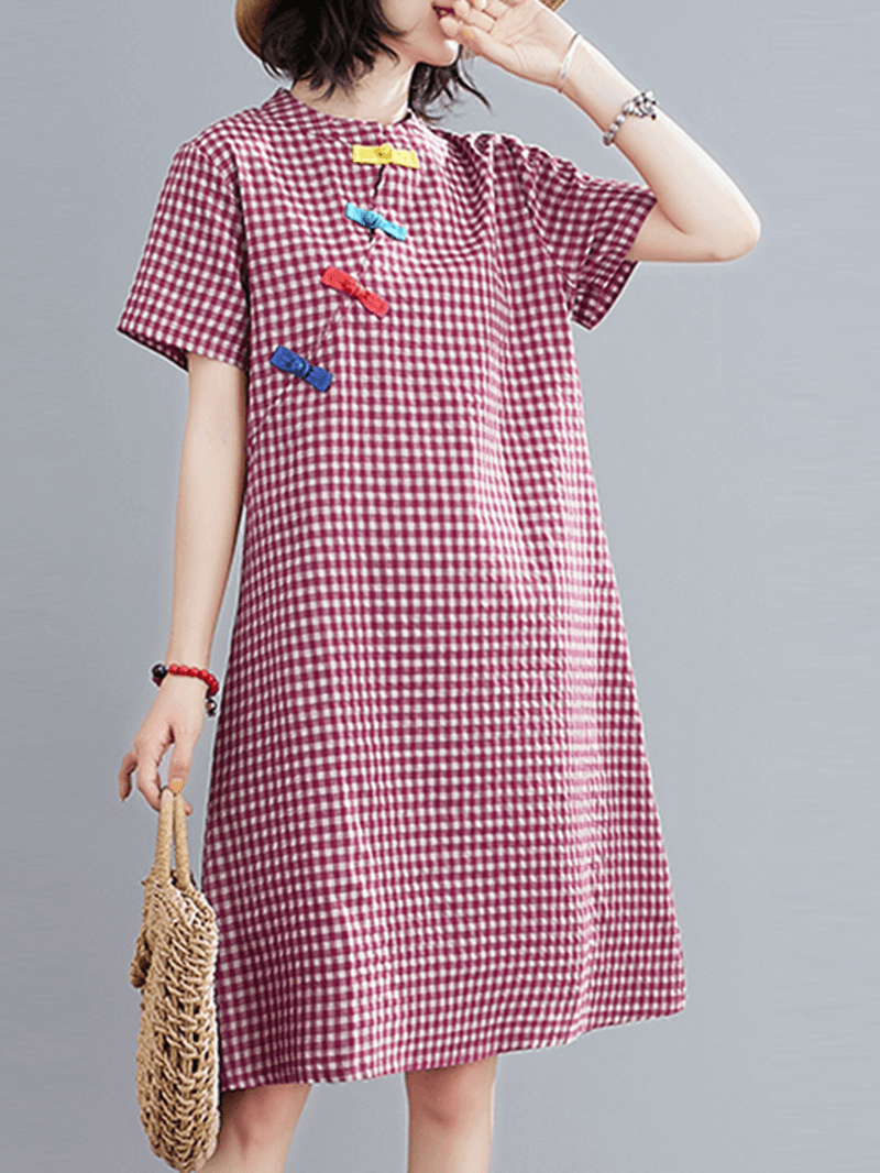 Short Sleeve Stand Collar Pleated Spliced Plaid Casual Dress for Women - MRSLM