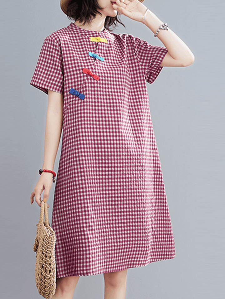 Short Sleeve Stand Collar Pleated Spliced Plaid Casual Dress for Women - MRSLM