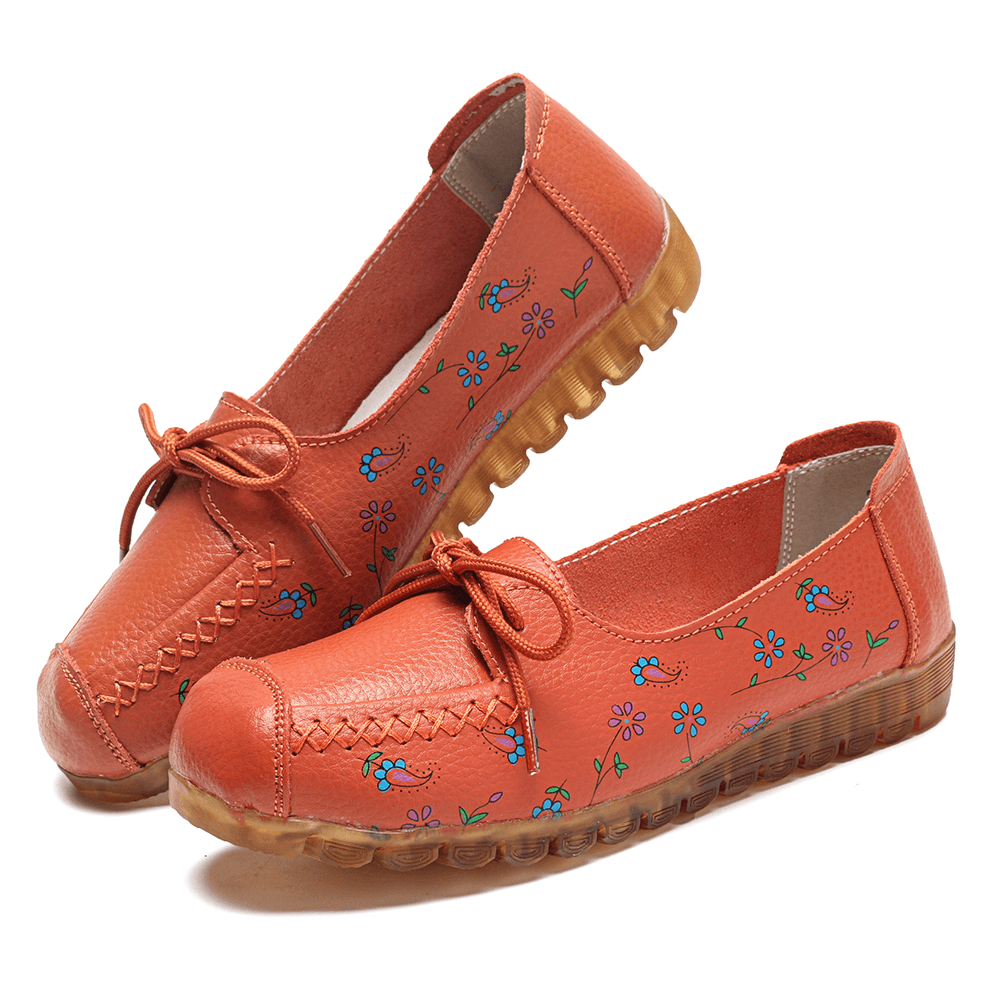 Women Bowknot Flowers Printing Comfy Non Slip Soft Sole Casual Leather Loafers