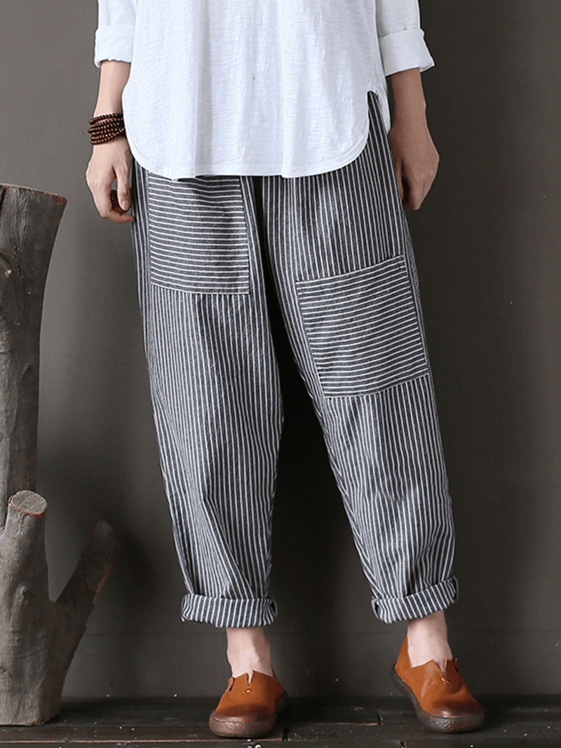 Women Stripe Elastic Waist Casual Loose Harem Pants