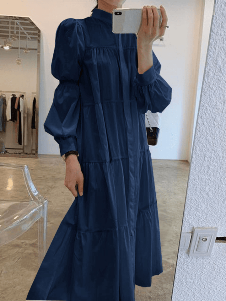 Women Solid Tiered Stand Collar Pleats Puff Sleeve Casual Shirt Midi Dresses