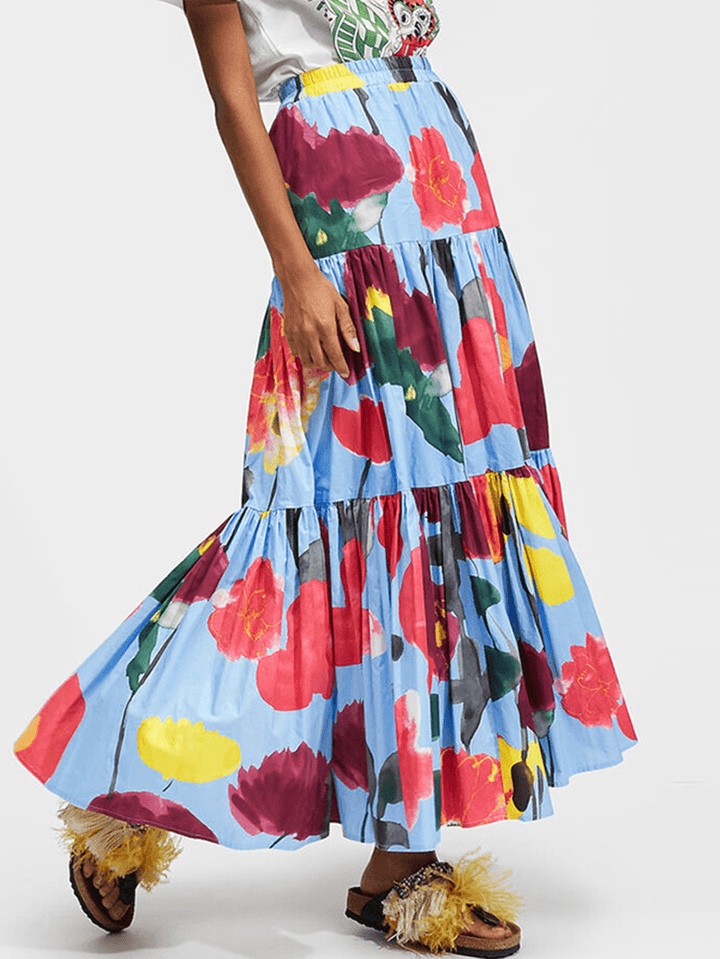 Women Colorful Floral Print Loose Elastic Waist A-Line Long Tiered Layered Skirt