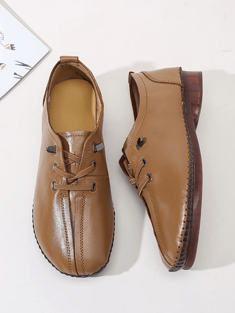 Women Comfy Stitching Genuine Leather Soft Lace up Flats Loafters