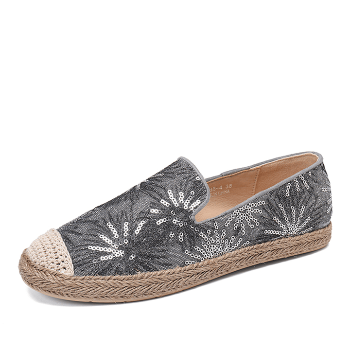 Women Casual Sequined Flowers Pattern Espadrille Flats Loafers - MRSLM