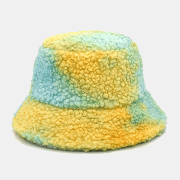 Women Tie-Dye Mix Color Lamb Hair Warm Casual Cute Bucket Hat - MRSLM