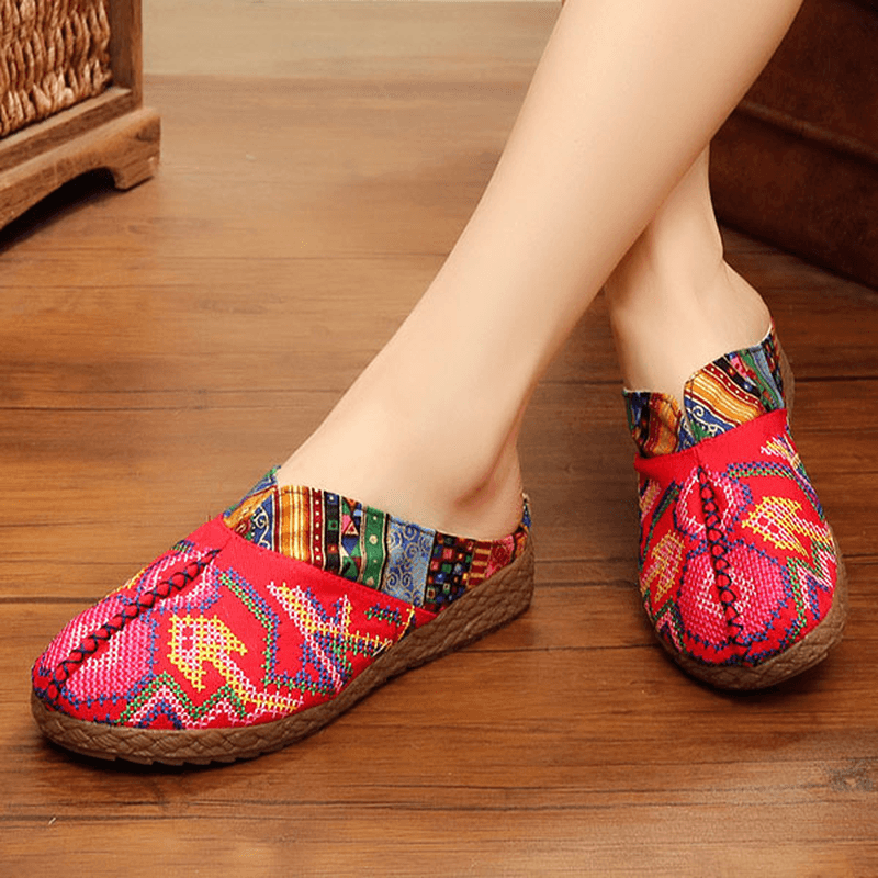 Women Flax Casual Outdoor Embroidery Flat Slipper Shoes