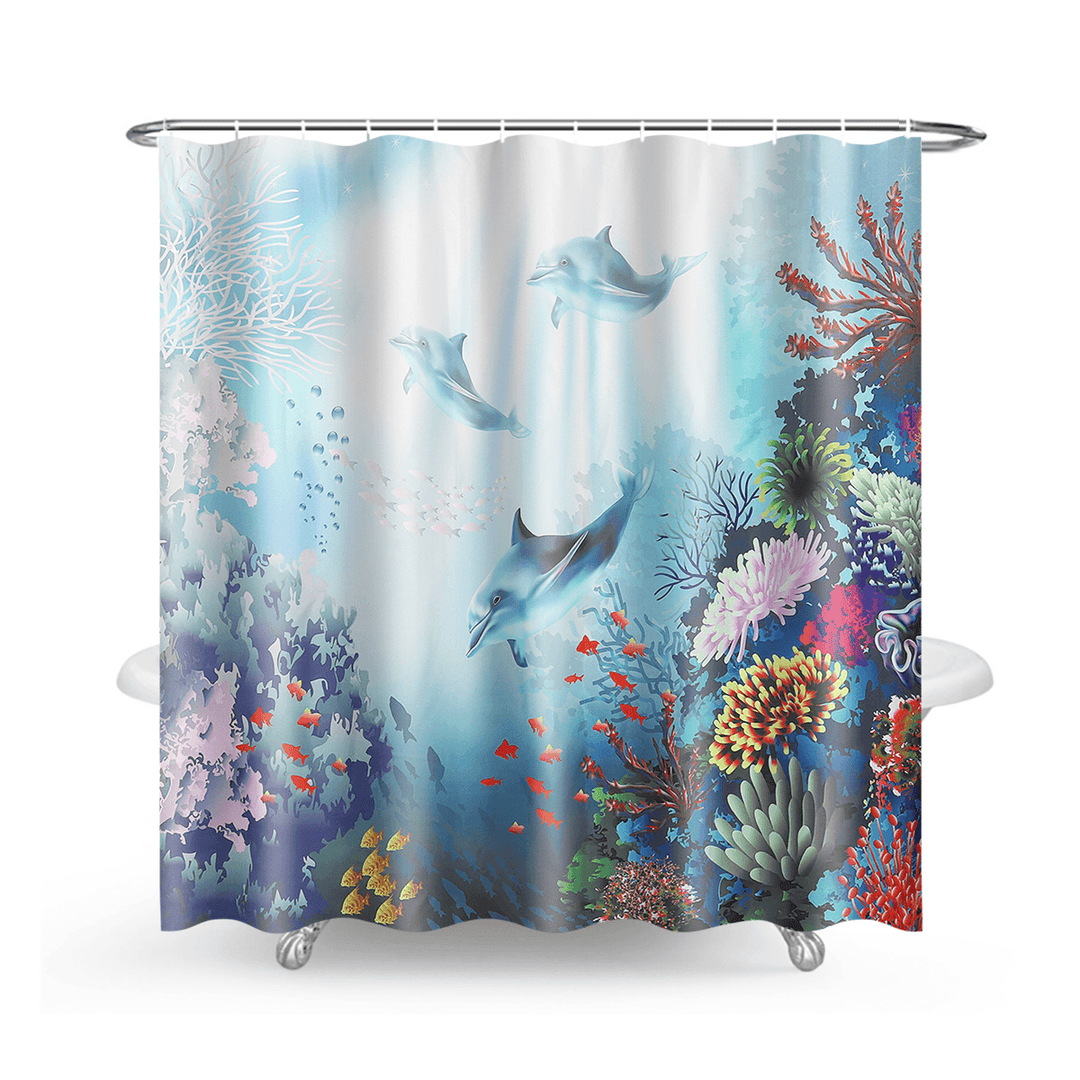 Printed Ocean World Whale Waterproof Bathroom Shower Curtain Toilet Mat Set