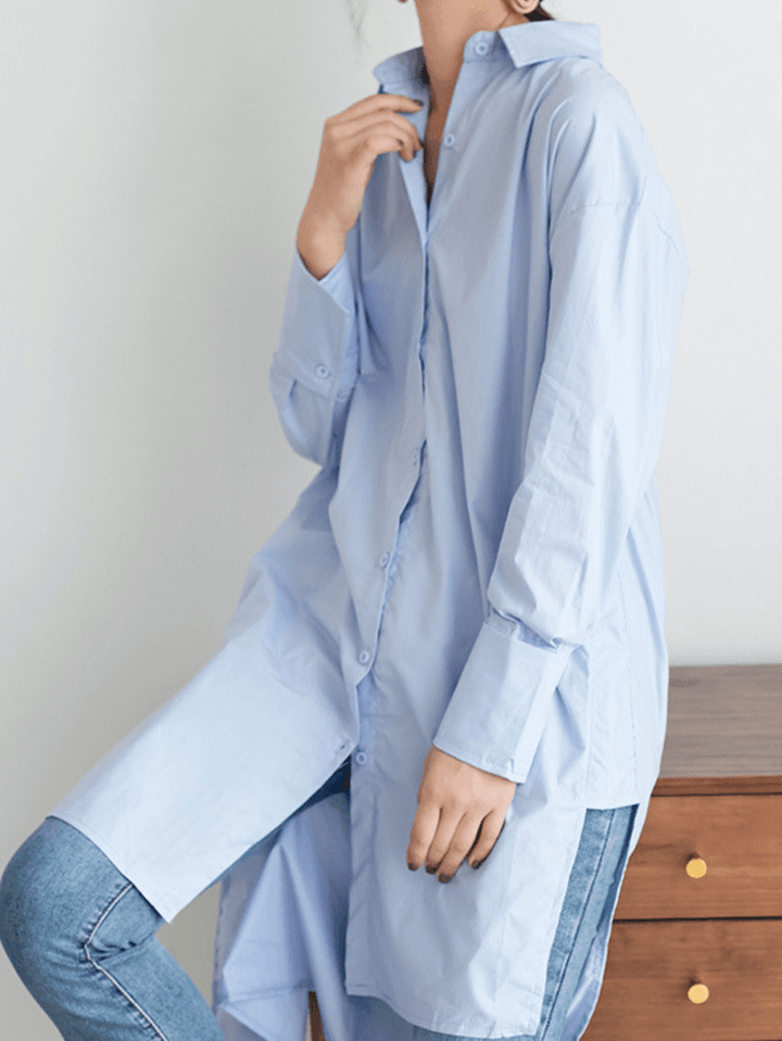 Solid Color Asymmetrical Hem Button Long Sleeve Casual Shirt for Women