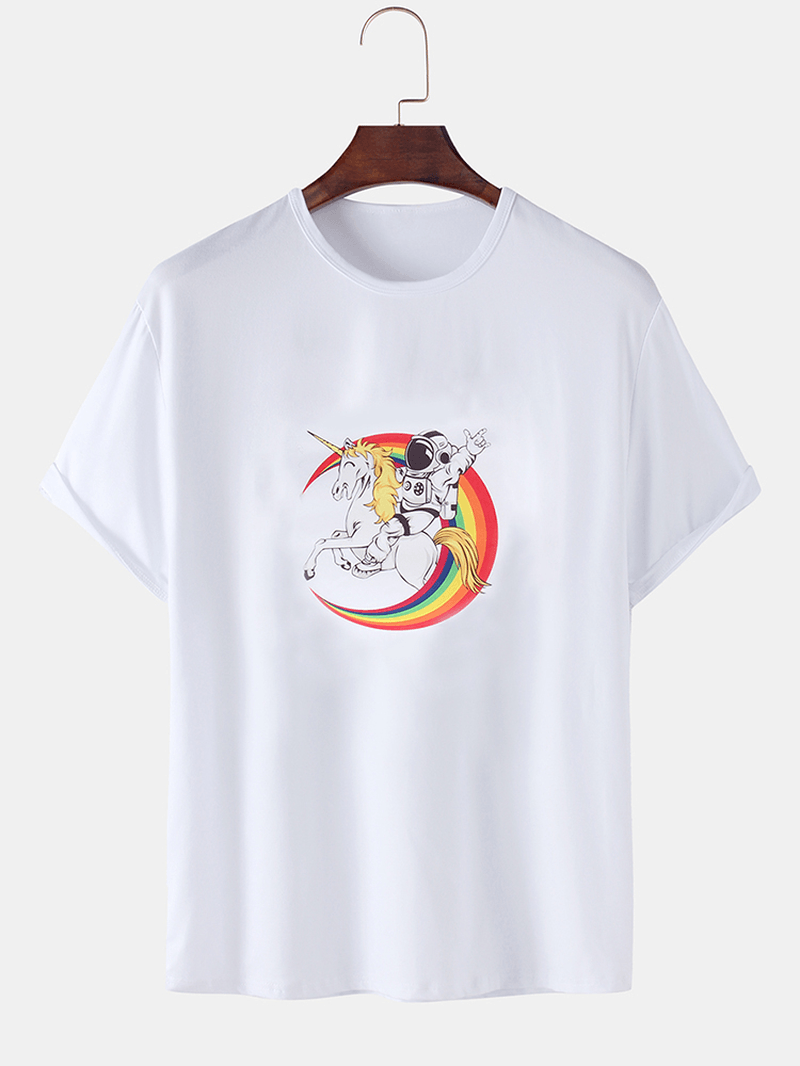 Mens 100% Cotton Astronaut Planet Print round Neck Casual Short Sleeve T-Shirts