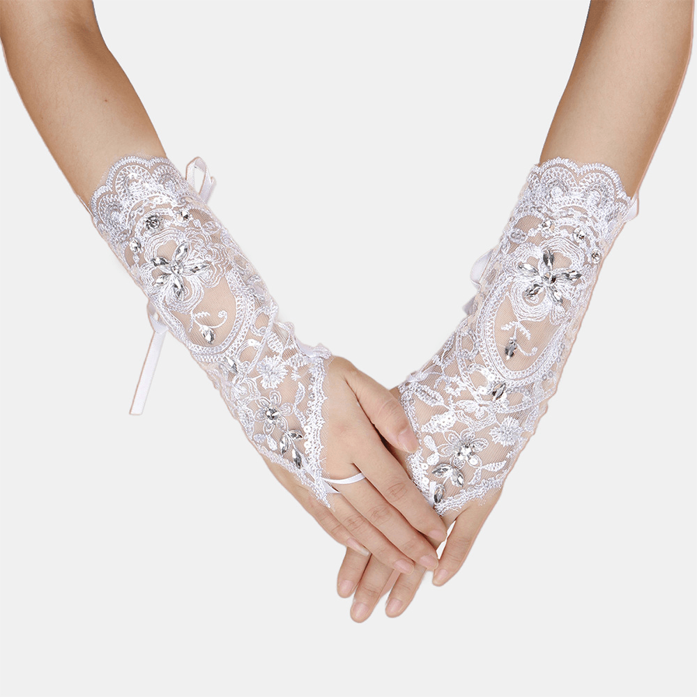 Women Lace Flowers with Rhinestone Bandage Split Finger Gloves Mid-Length Wild Mesh Breathable Sun Protection Sleeves